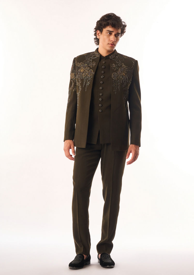 Twamev Men Mehndi Green Blended Rayon Jodhpuri Set with Embroidery