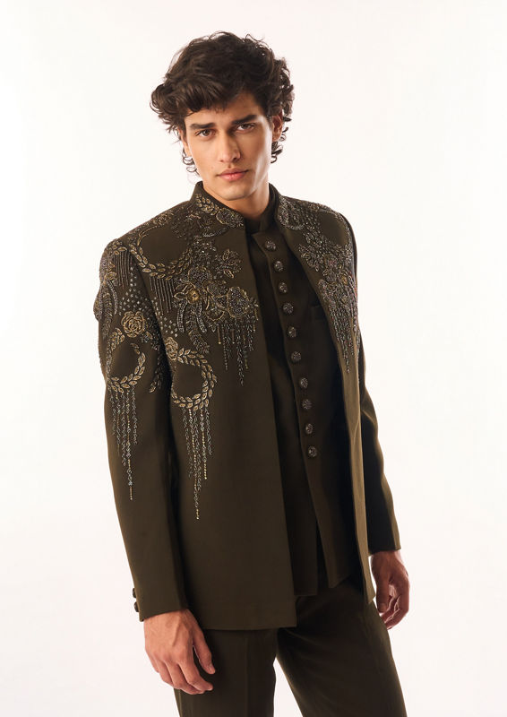 Twamev Men Mehndi Green Blended Rayon Jodhpuri Set with Embroidery
