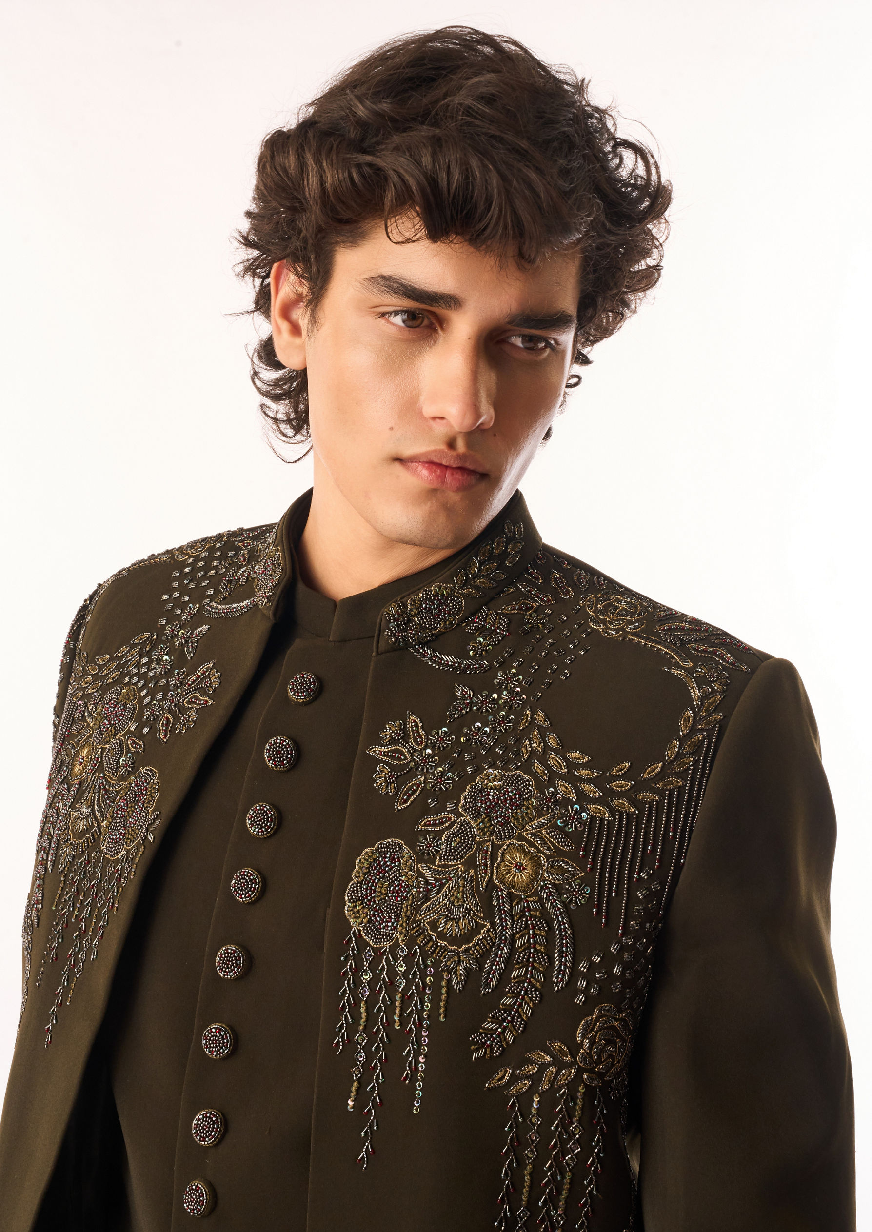 Twamev Men Mehndi Green Blended Rayon Jodhpuri Set with Embroidery