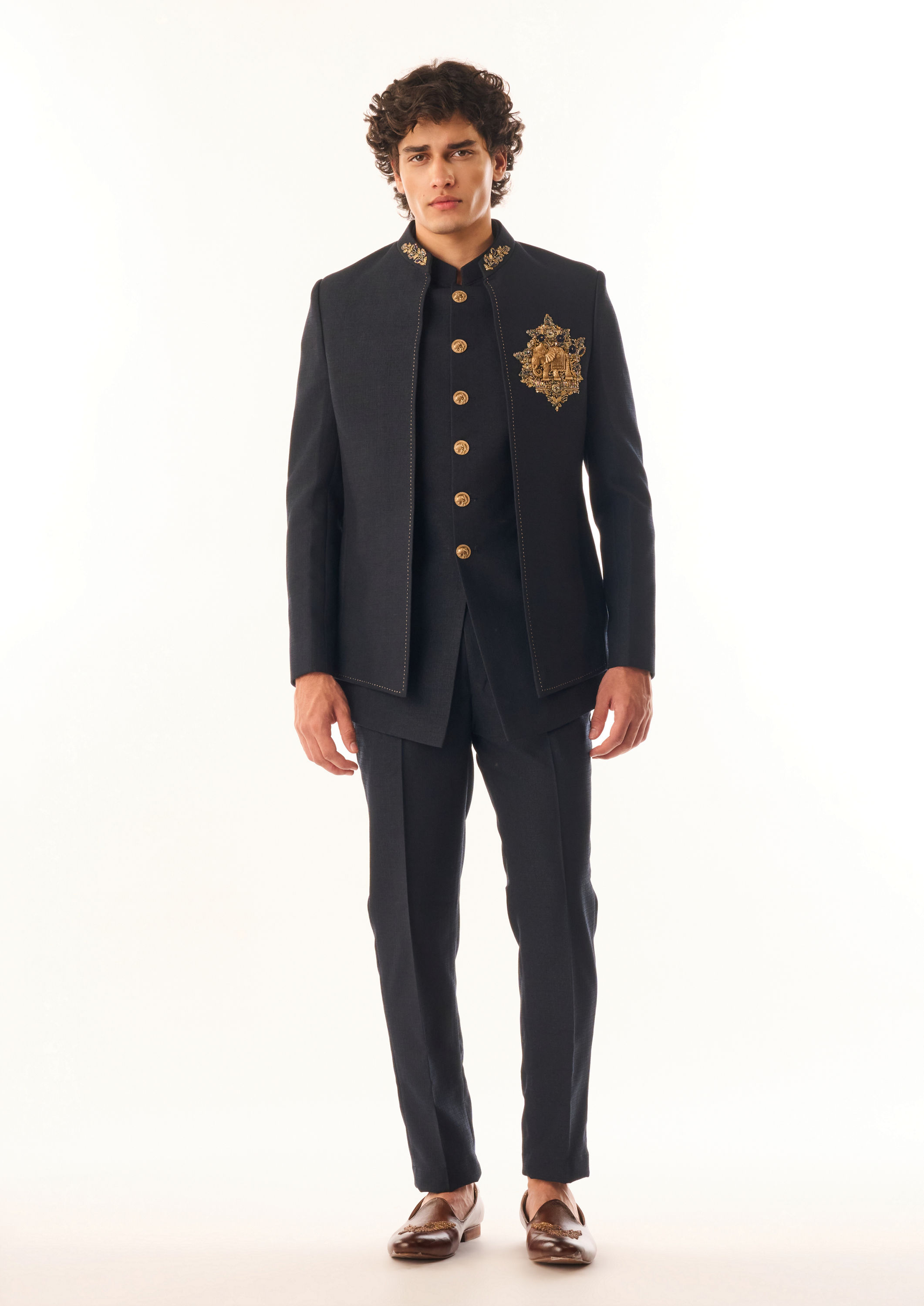 Twamev Men Dark Blue Art Silk Jodhpuri Set with Embroidery