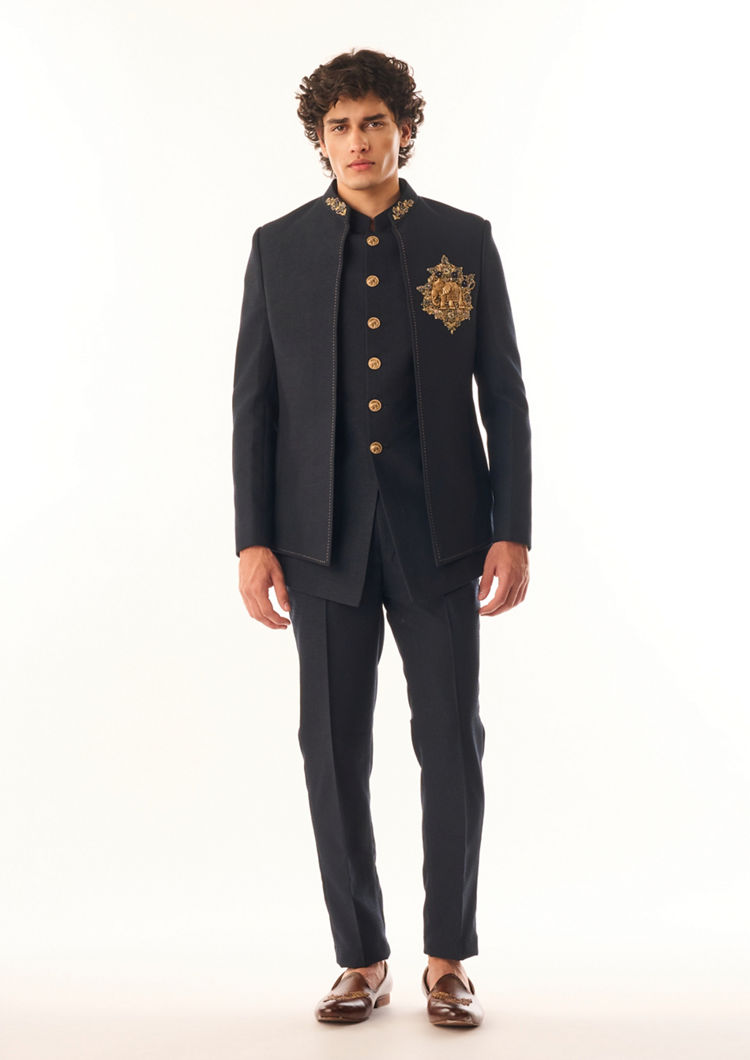 Twamev Men Dark Blue Art Silk Jodhpuri Set with Embroidery