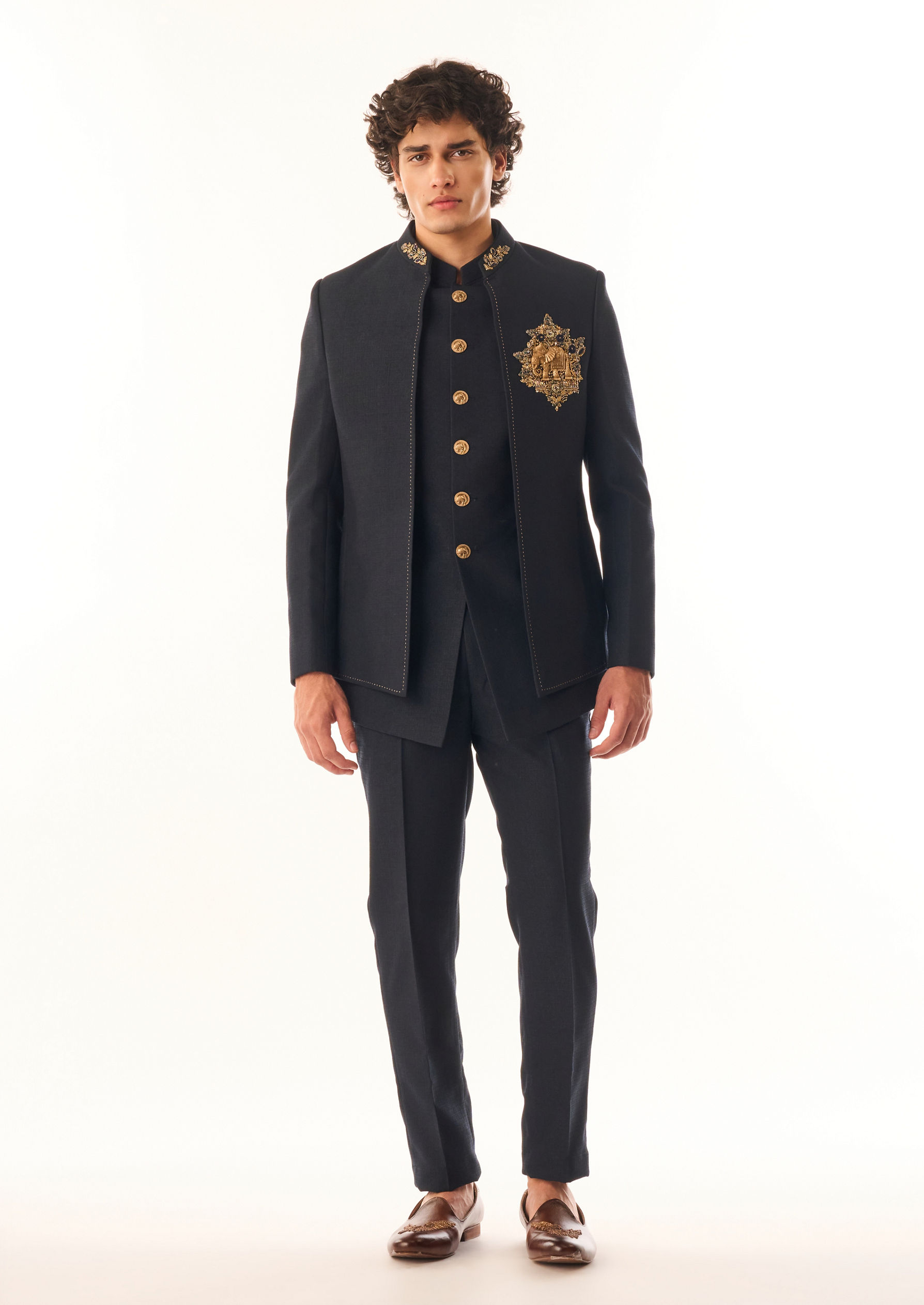 Twamev Men Dark Blue Art Silk Jodhpuri Set with Embroidery