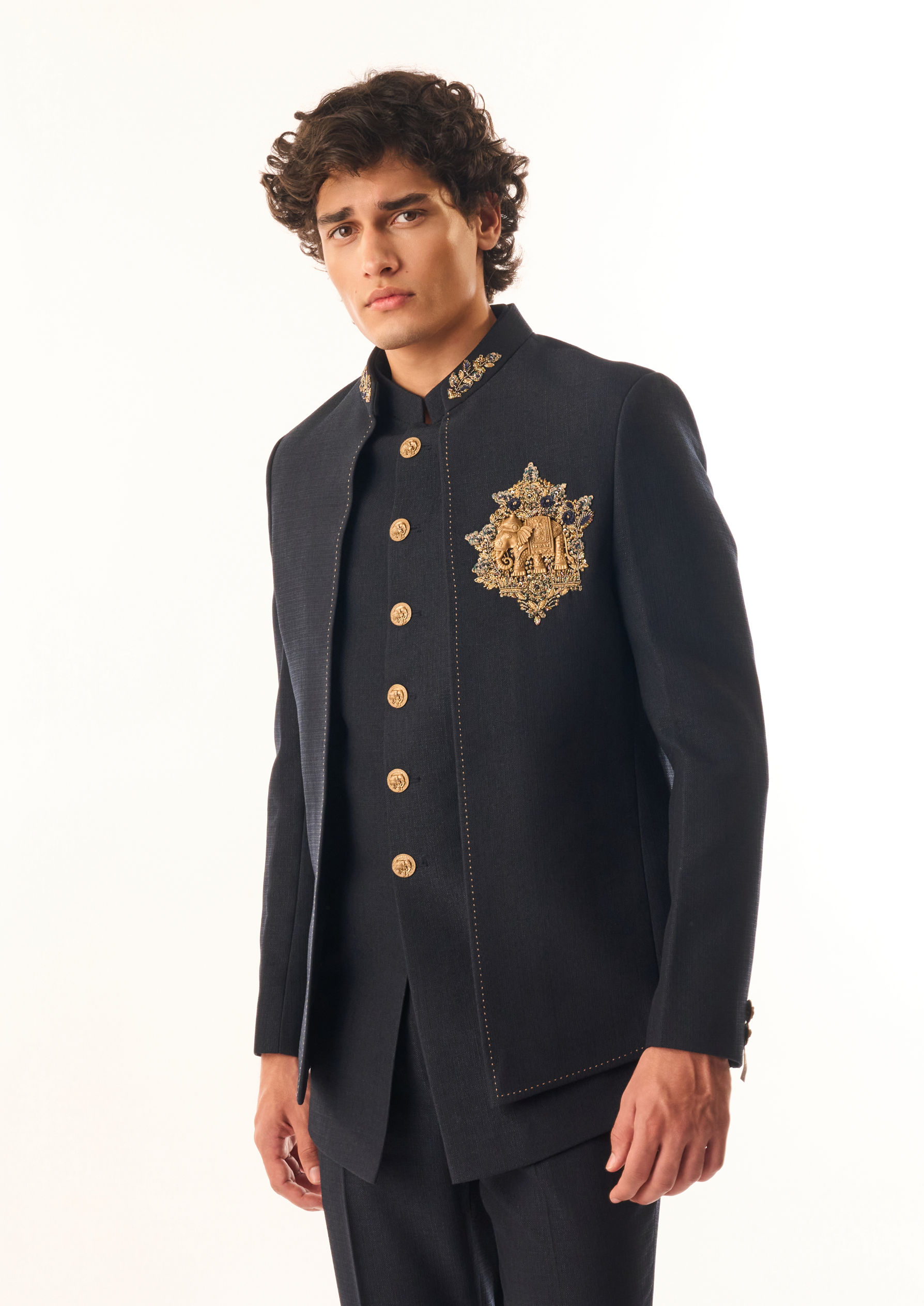 Twamev Men Dark Blue Art Silk Jodhpuri Set with Embroidery