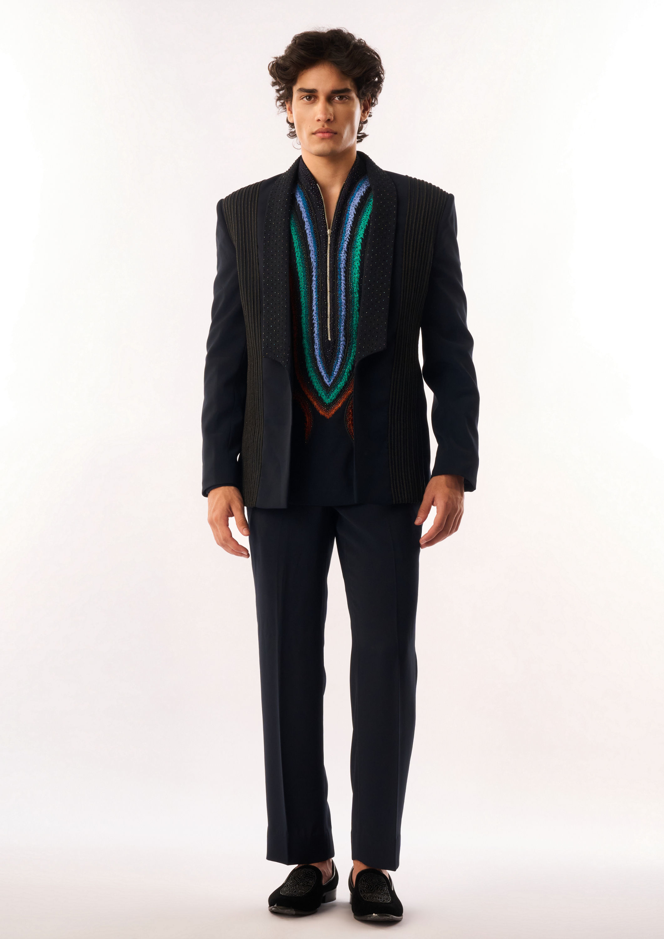 Twamev Men Dark Blue Rayon Bomber Jacket with Embroidery