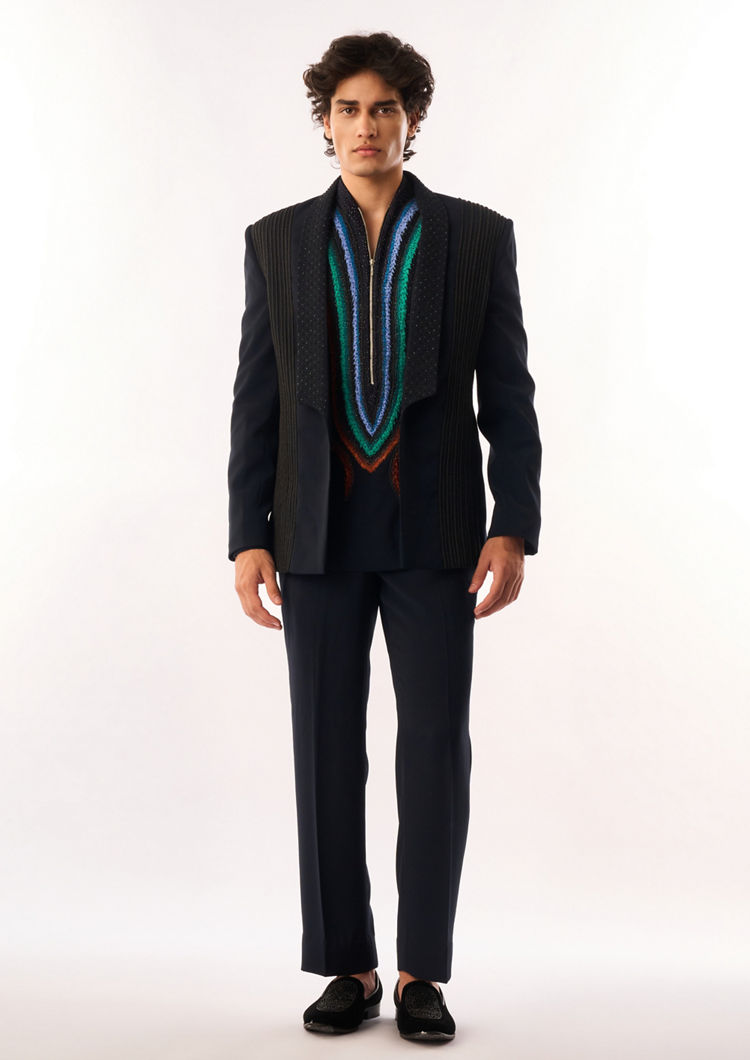 Twamev Men Dark Blue Rayon Bomber Jacket with Embroidery
