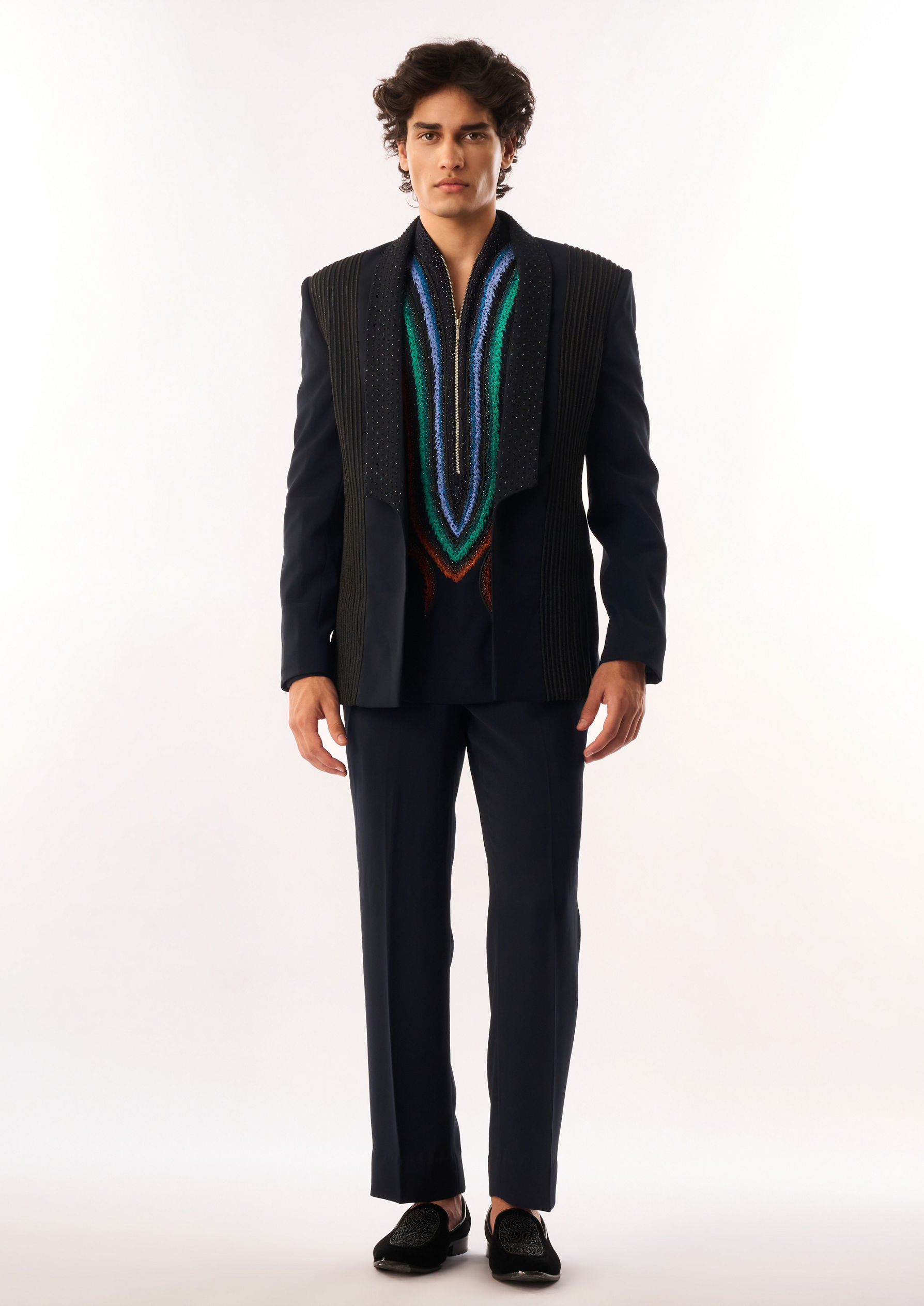Twamev Men Dark Blue Rayon Bomber Jacket with Embroidery