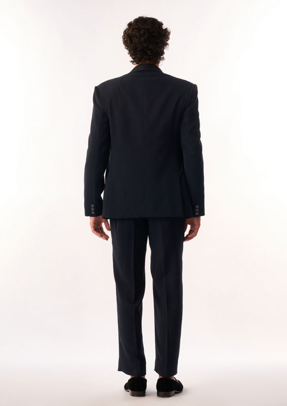 Twamev Men Dark Blue Rayon Bomber Jacket with Embroidery