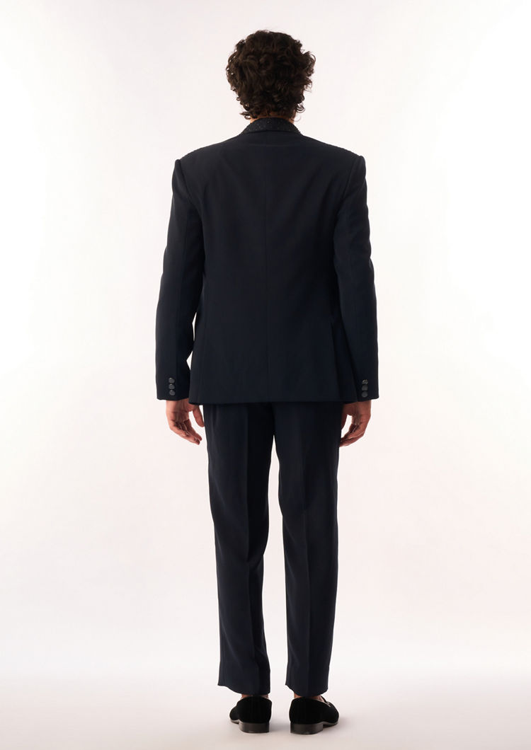 Twamev Men Dark Blue Rayon Bomber Jacket with Embroidery