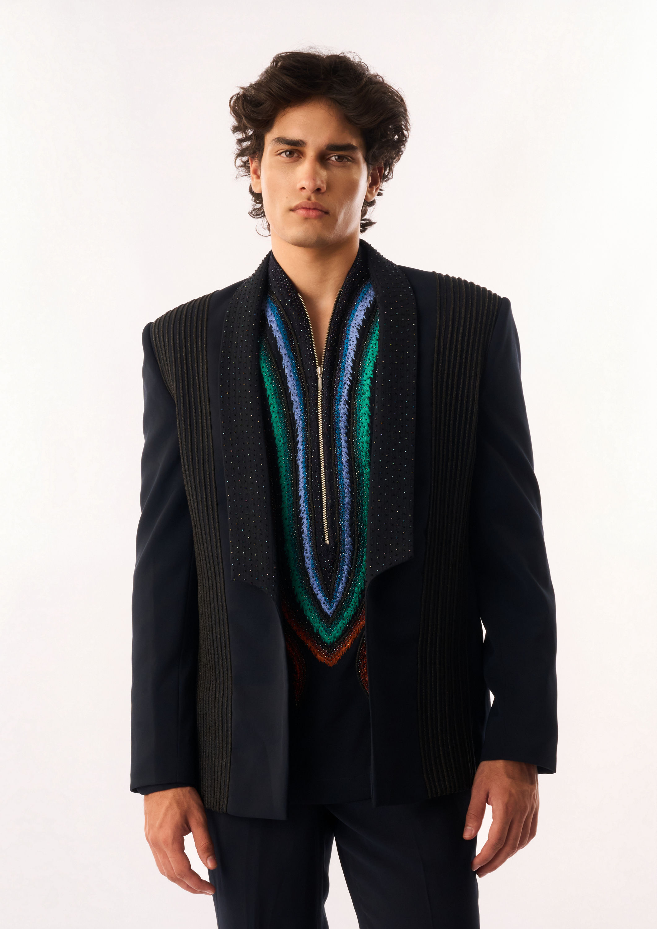 Twamev Men Dark Blue Rayon Bomber Jacket with Embroidery