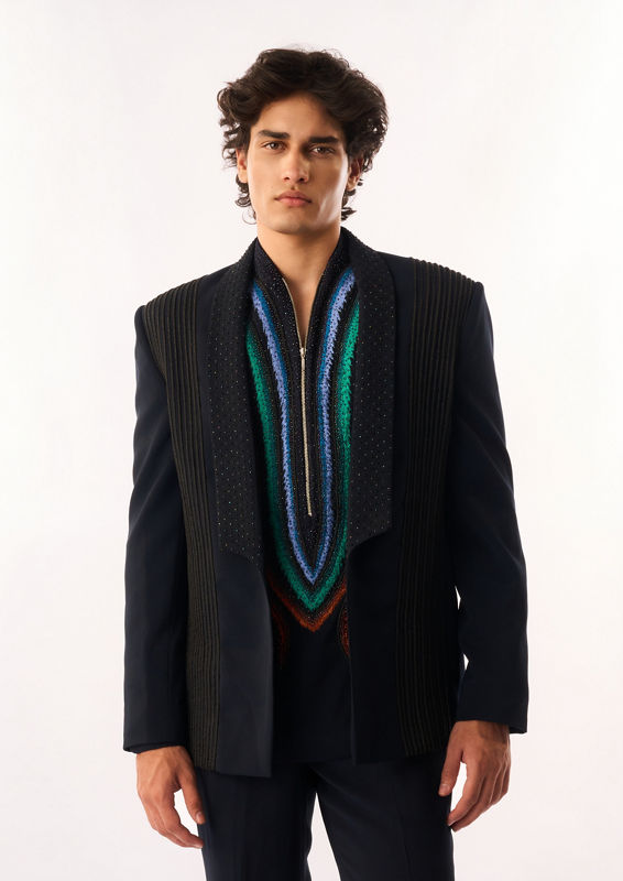Twamev Men Dark Blue Rayon Bomber Jacket with Embroidery