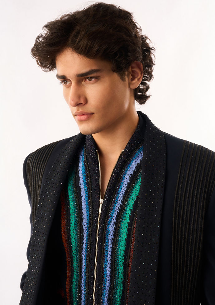 Twamev Men Dark Blue Rayon Bomber Jacket with Embroidery