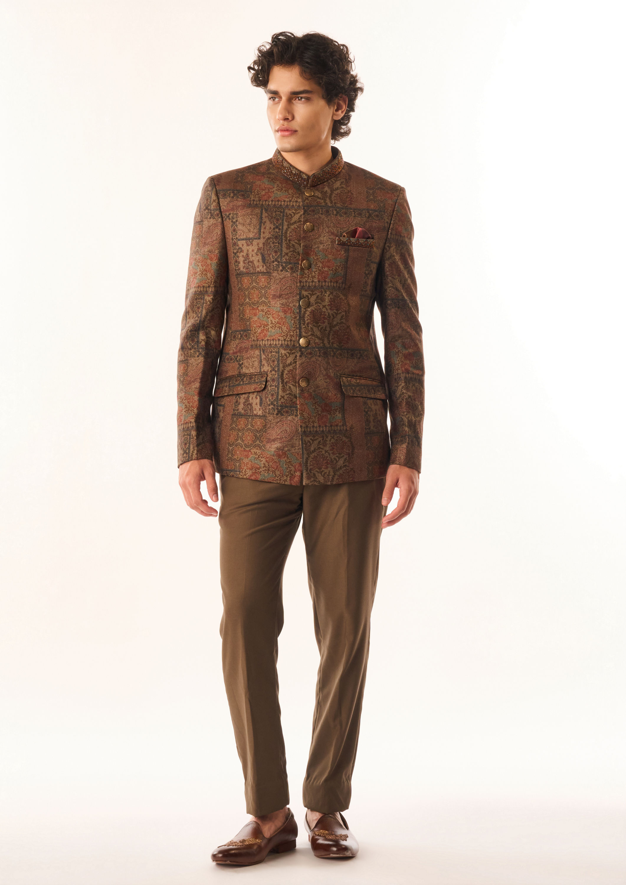 Twamev Men Brown Silk Jodhpuri Set with Pocket Square