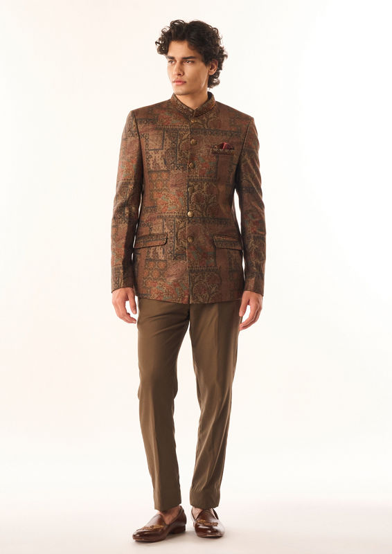 Twamev Men Brown Silk Jodhpuri Set with Pocket Square