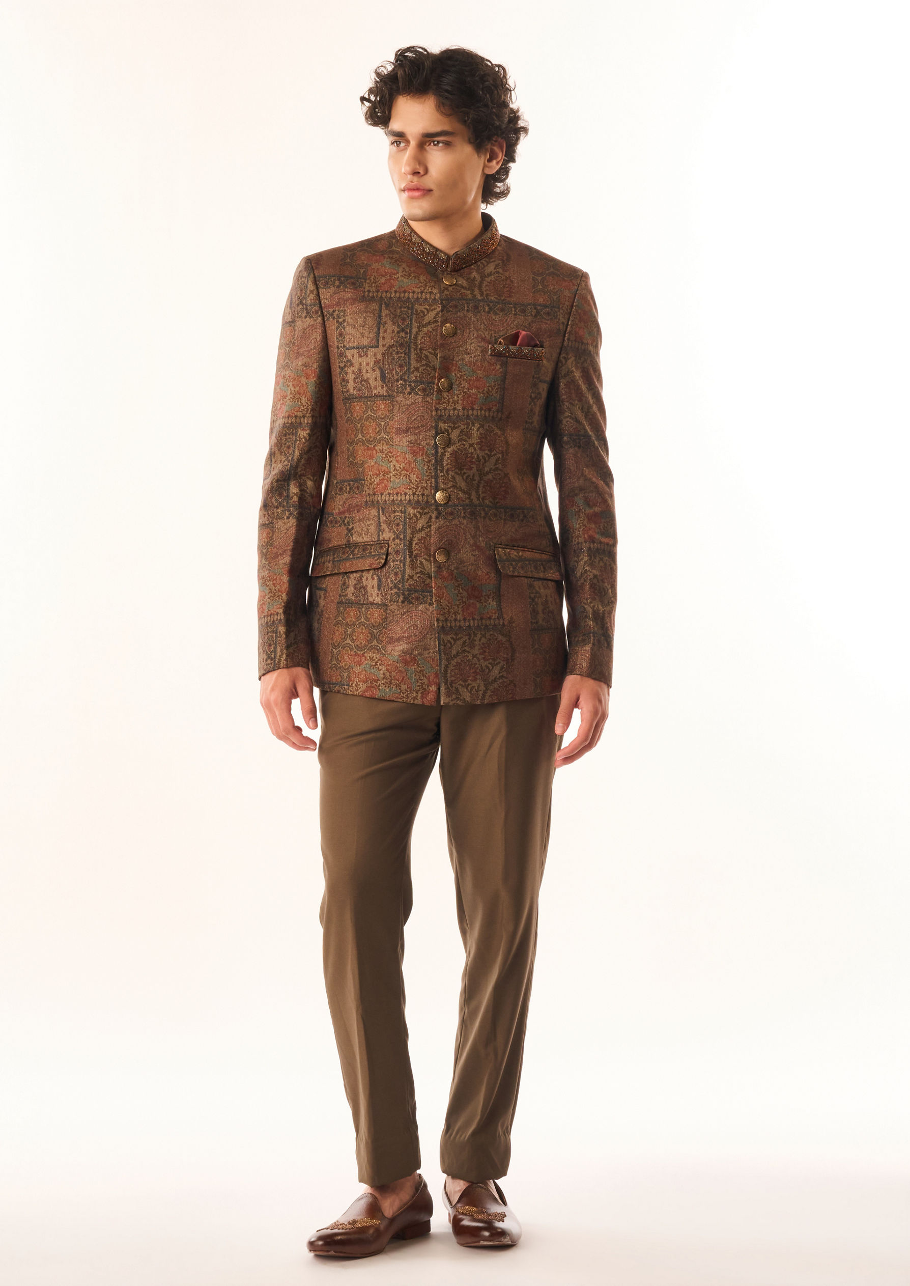 Twamev Men Brown Silk Jodhpuri Set with Pocket Square