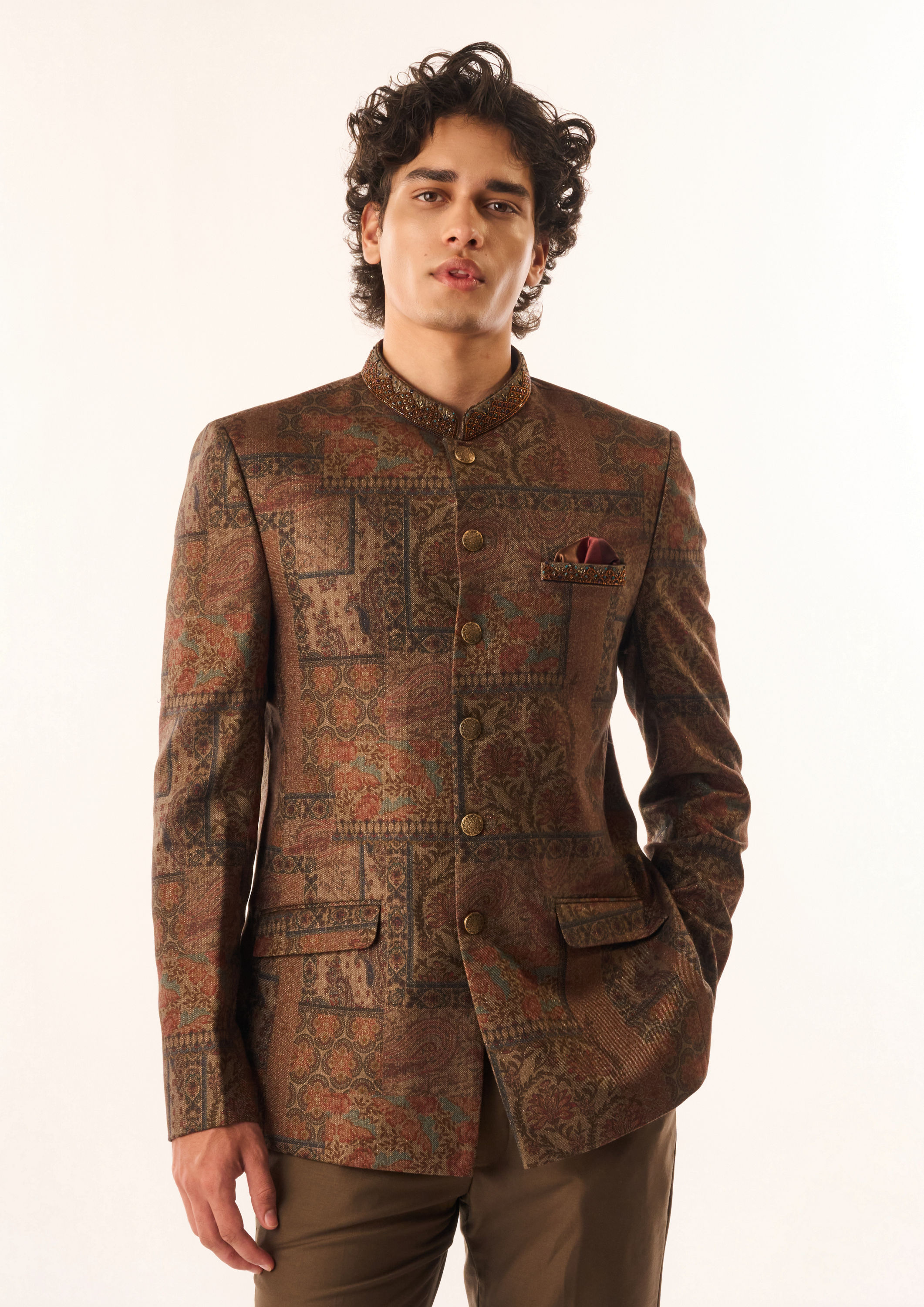 Twamev Men Brown Silk Jodhpuri Set with Pocket Square