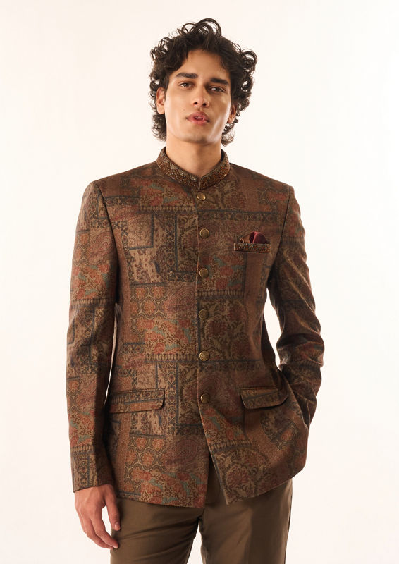 Twamev Men Brown Silk Jodhpuri Set with Pocket Square