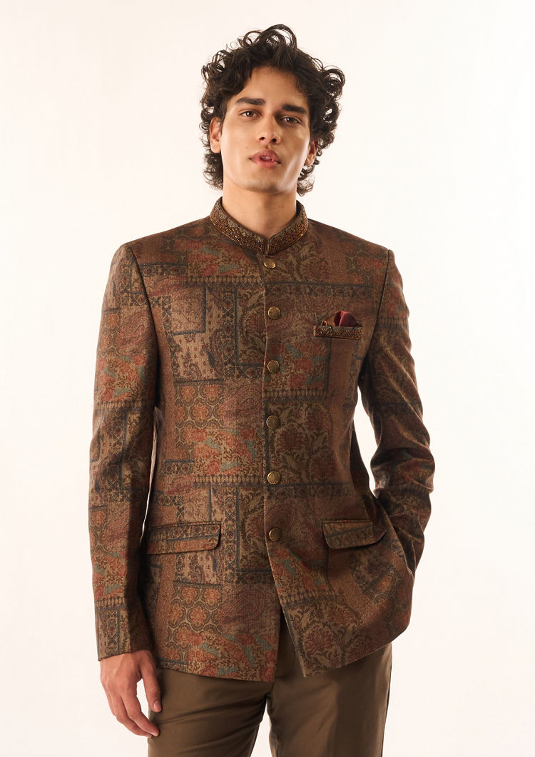 Twamev Men Brown Silk Jodhpuri Set with Pocket Square
