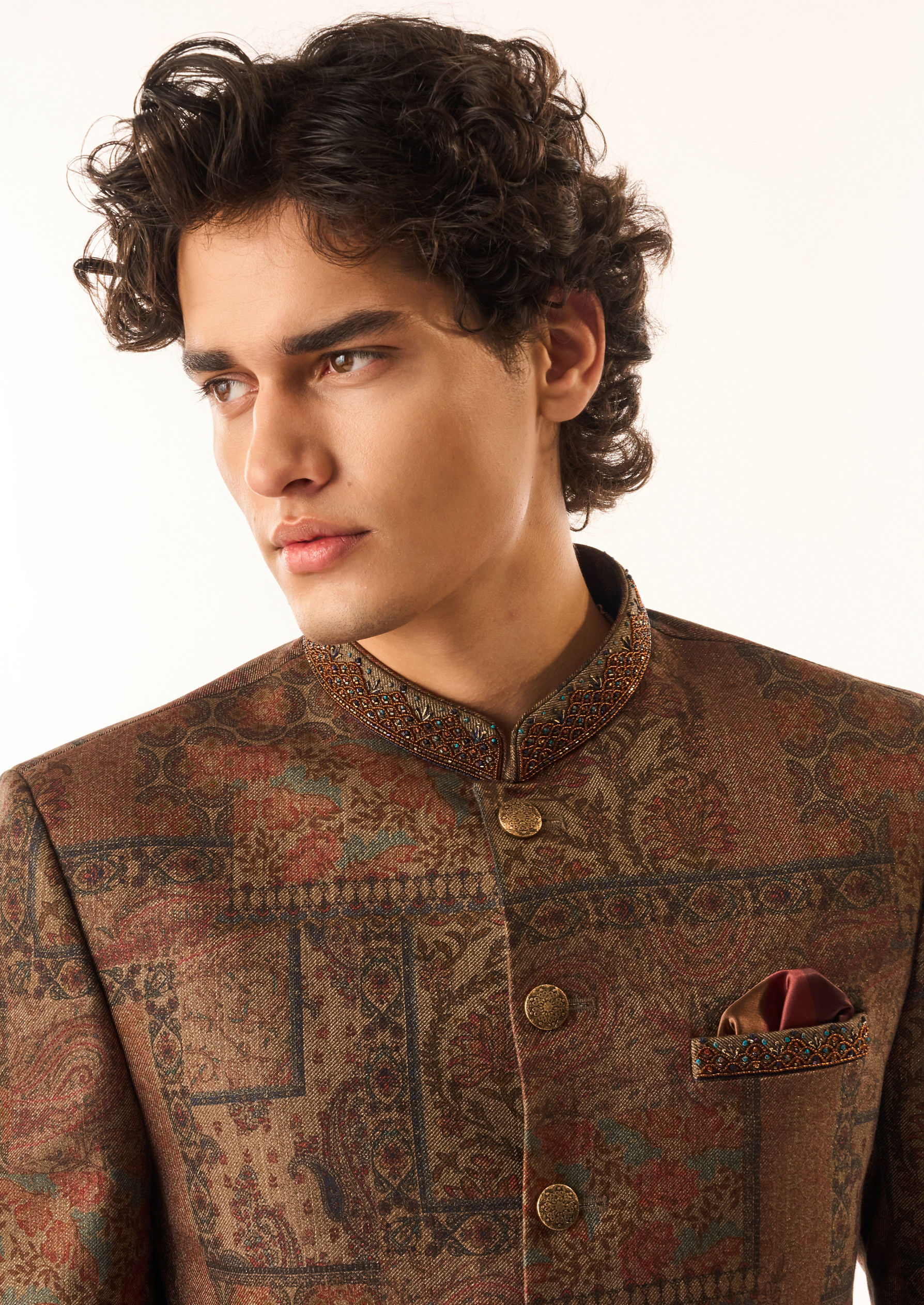 Twamev Men Brown Silk Jodhpuri Set with Pocket Square