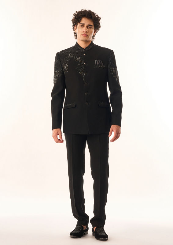 Twamev Men Black Rayon Jodhpuri Set with Embroidery