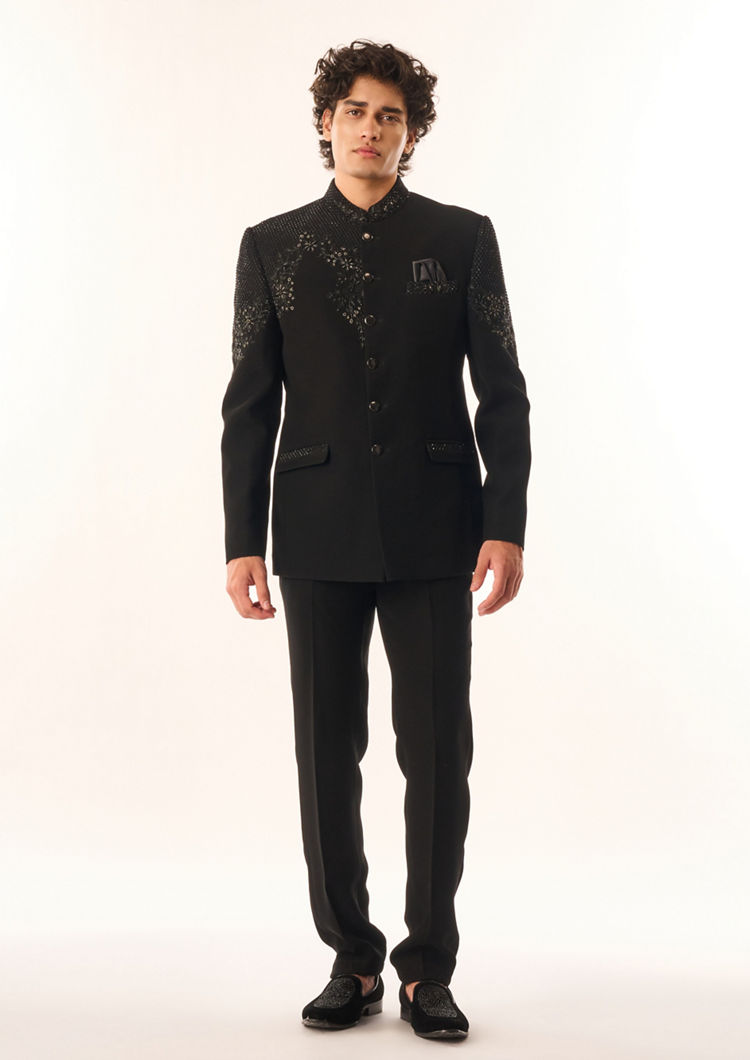 Twamev Men Black Rayon Jodhpuri Set with Embroidery