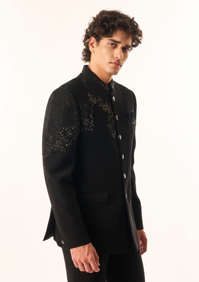 Twamev Men Black Rayon Jodhpuri Set with Embroidery