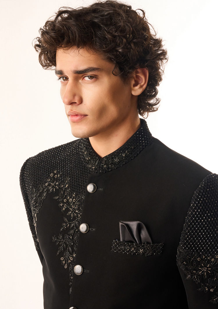 Twamev Men Black Rayon Jodhpuri Set with Embroidery