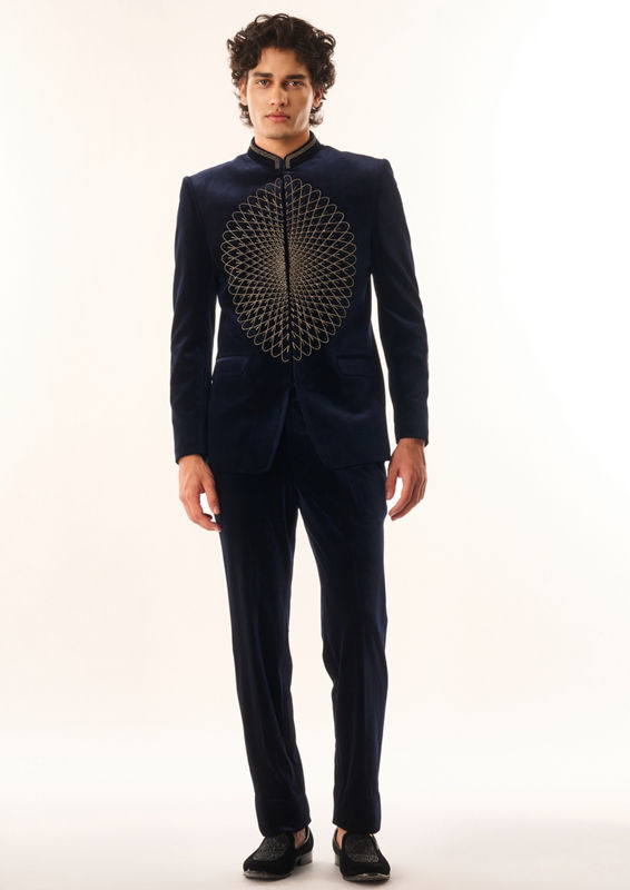 Twamev Men Dark Blue Velvet Jodhpuri Set with Embroidery