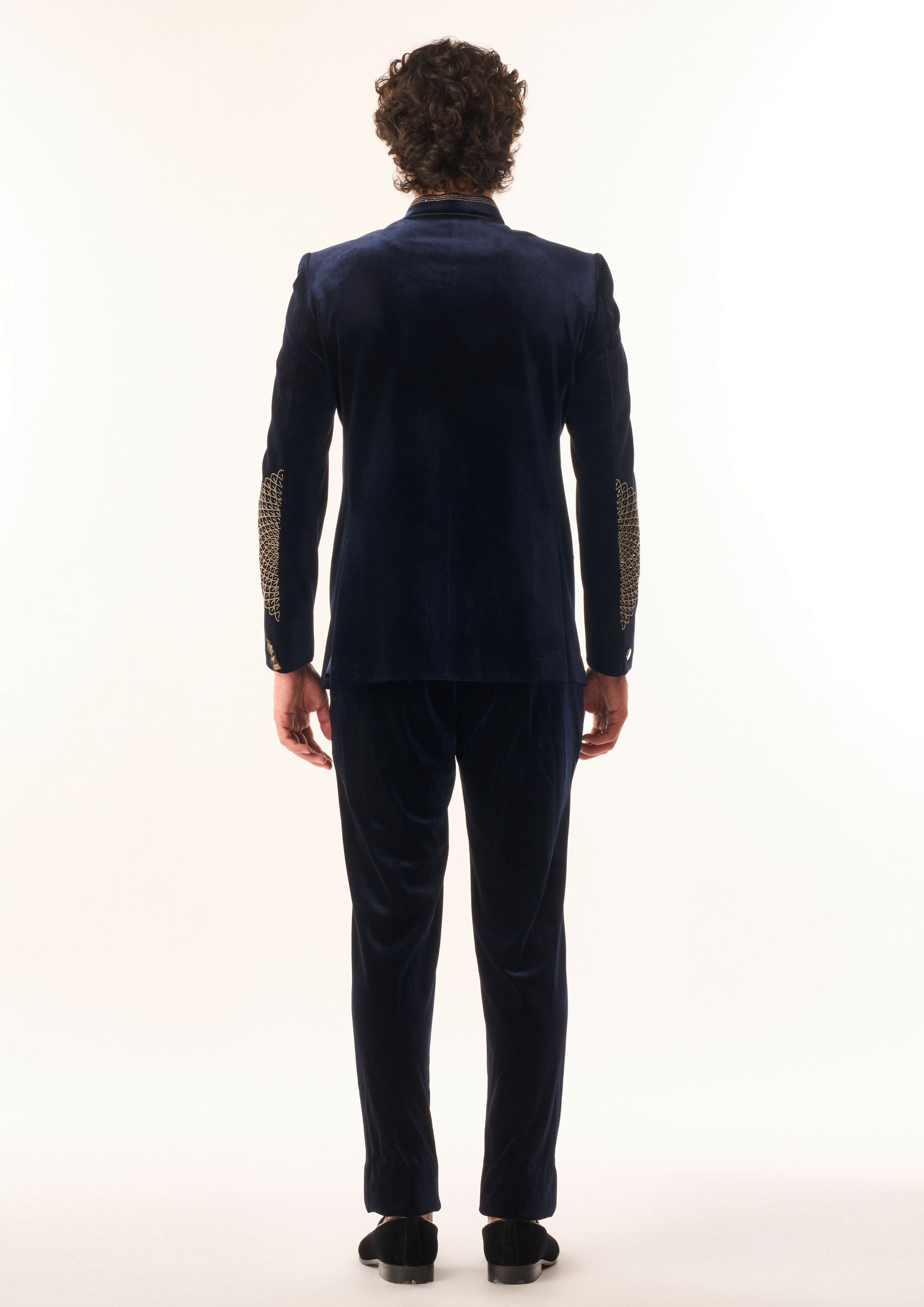 Twamev Men Dark Blue Velvet Jodhpuri Set with Embroidery