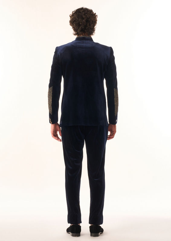 Twamev Men Dark Blue Velvet Jodhpuri Set with Embroidery