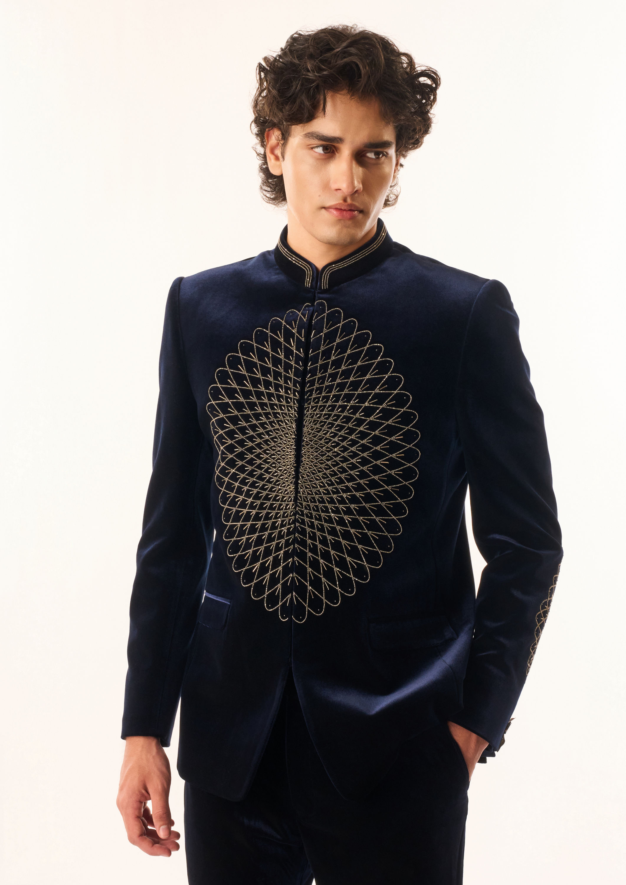 Twamev Men Dark Blue Velvet Jodhpuri Set with Embroidery