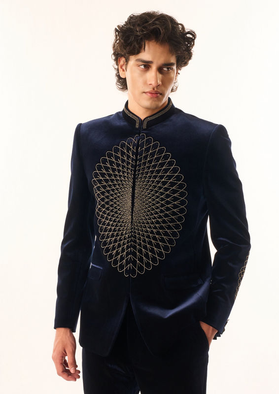 Twamev Men Dark Blue Velvet Jodhpuri Set with Embroidery