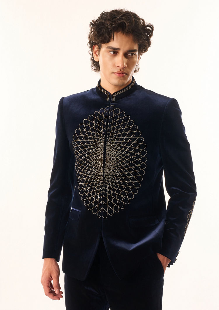 Twamev Men Dark Blue Velvet Jodhpuri Set with Embroidery