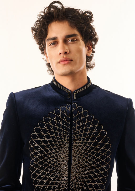 Twamev Men Dark Blue Velvet Jodhpuri Set with Embroidery