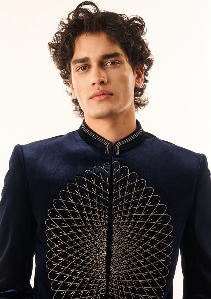 Twamev Men Dark Blue Velvet Jodhpuri Set with Embroidery