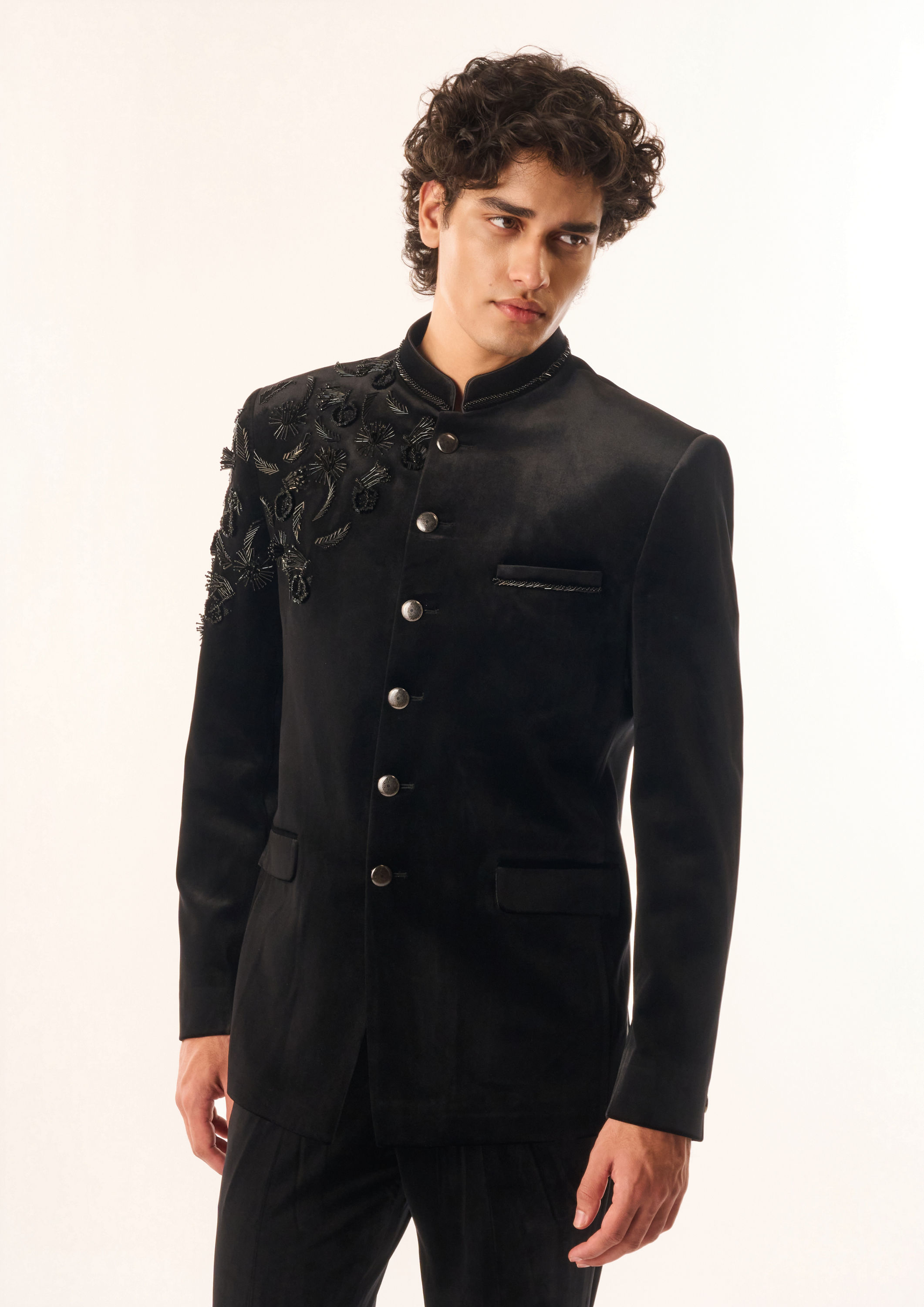 Twamev Men Black Velvet Jodhpuri Set with Embroidery