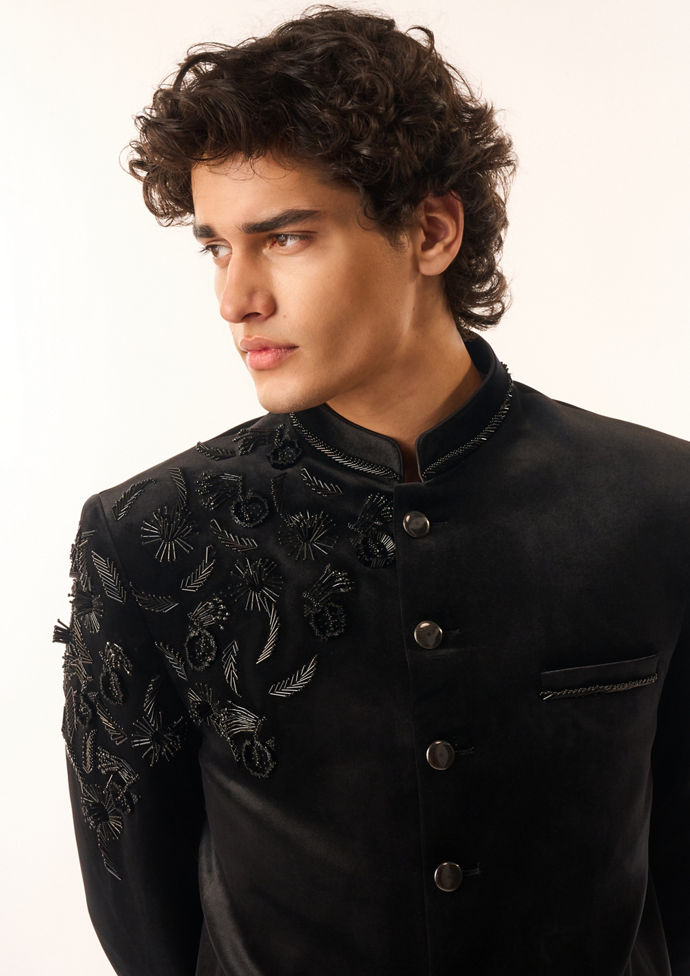 Twamev Men Black Velvet Jodhpuri Set with Embroidery