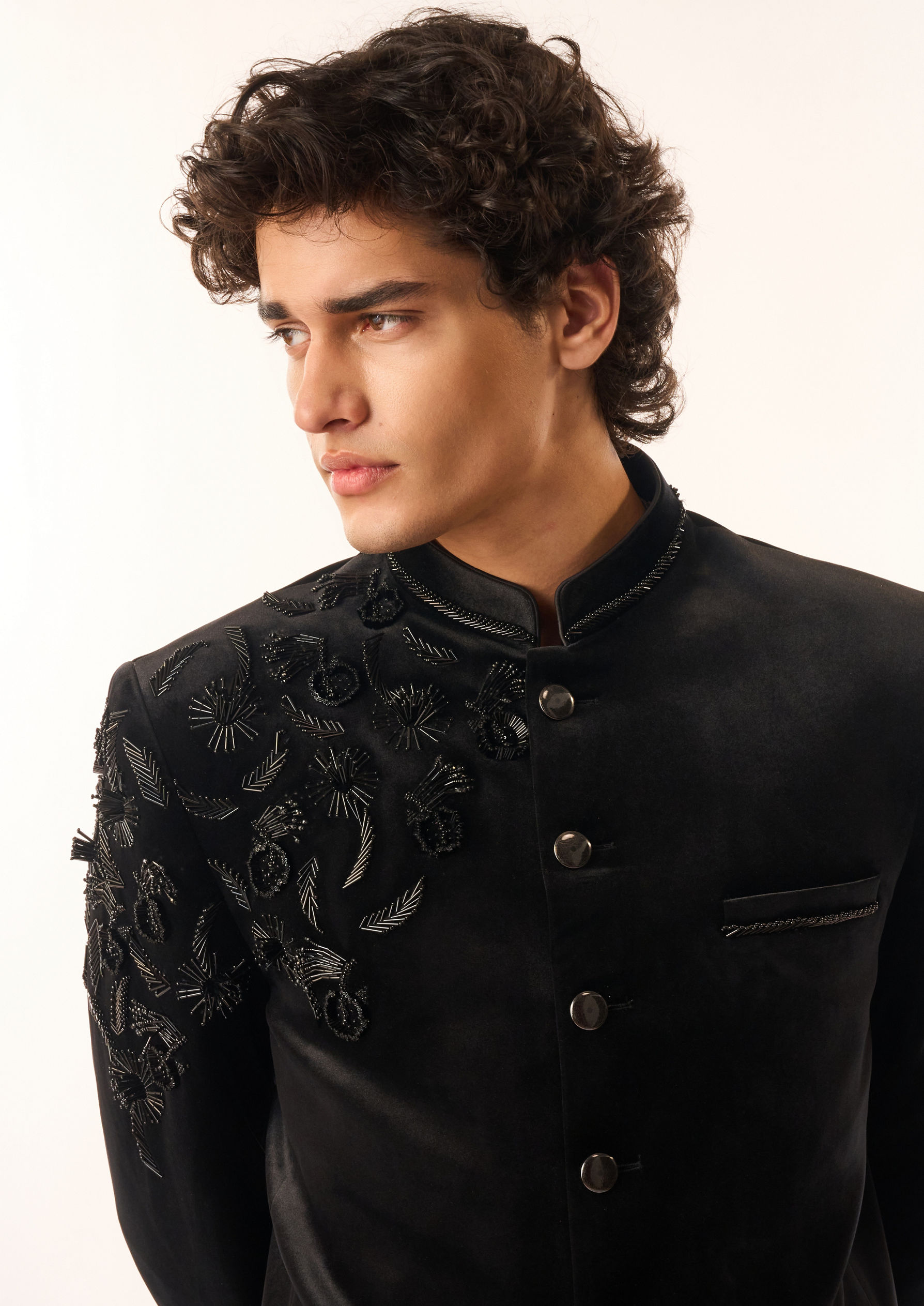 Twamev Men Black Velvet Jodhpuri Set with Embroidery