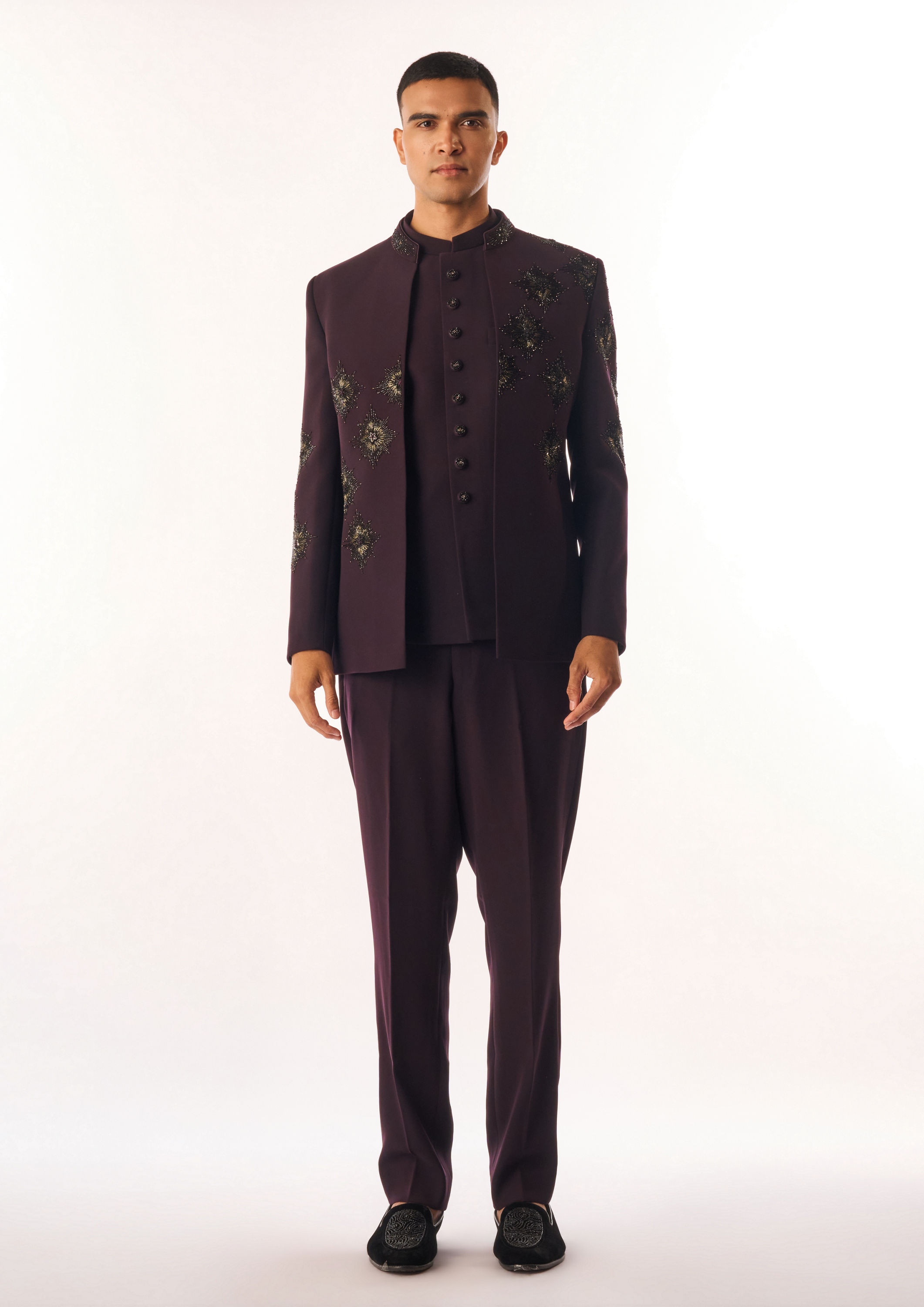 Twamev Men Wine Rayon Jodhpuri Set with Embroidery