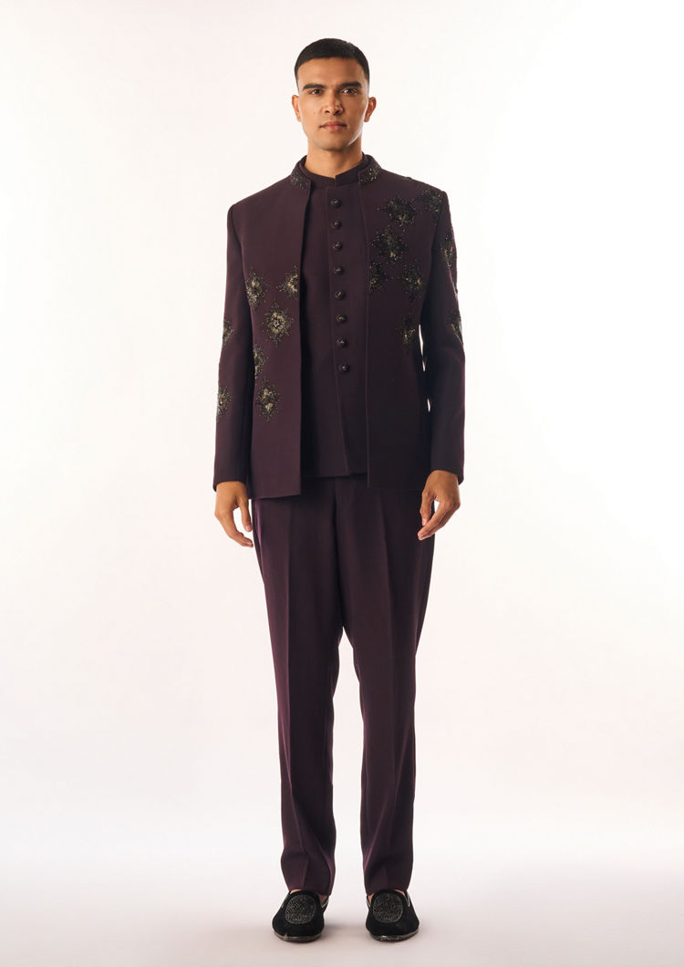 Twamev Men Wine Rayon Jodhpuri Set with Embroidery