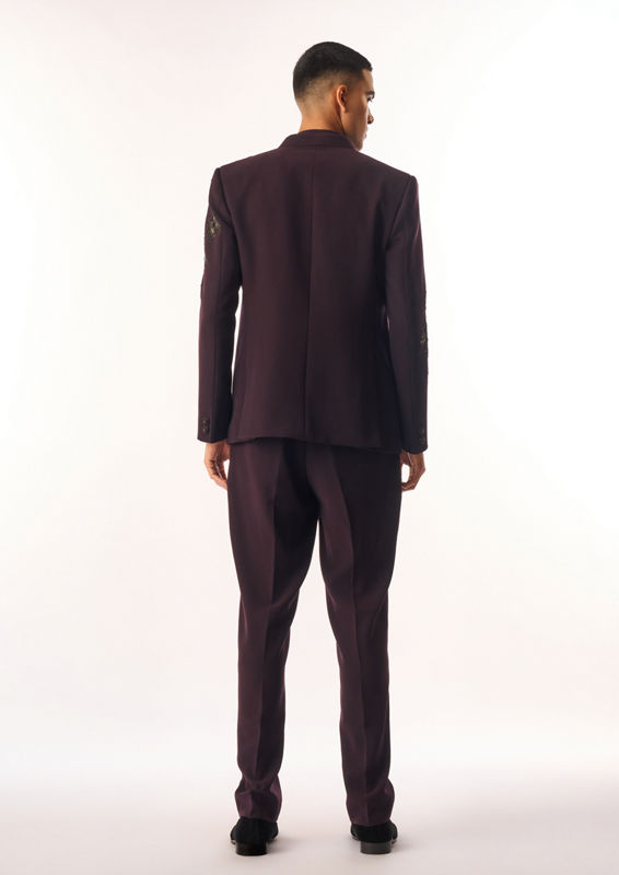 Twamev Men Wine Rayon Jodhpuri Set with Embroidery