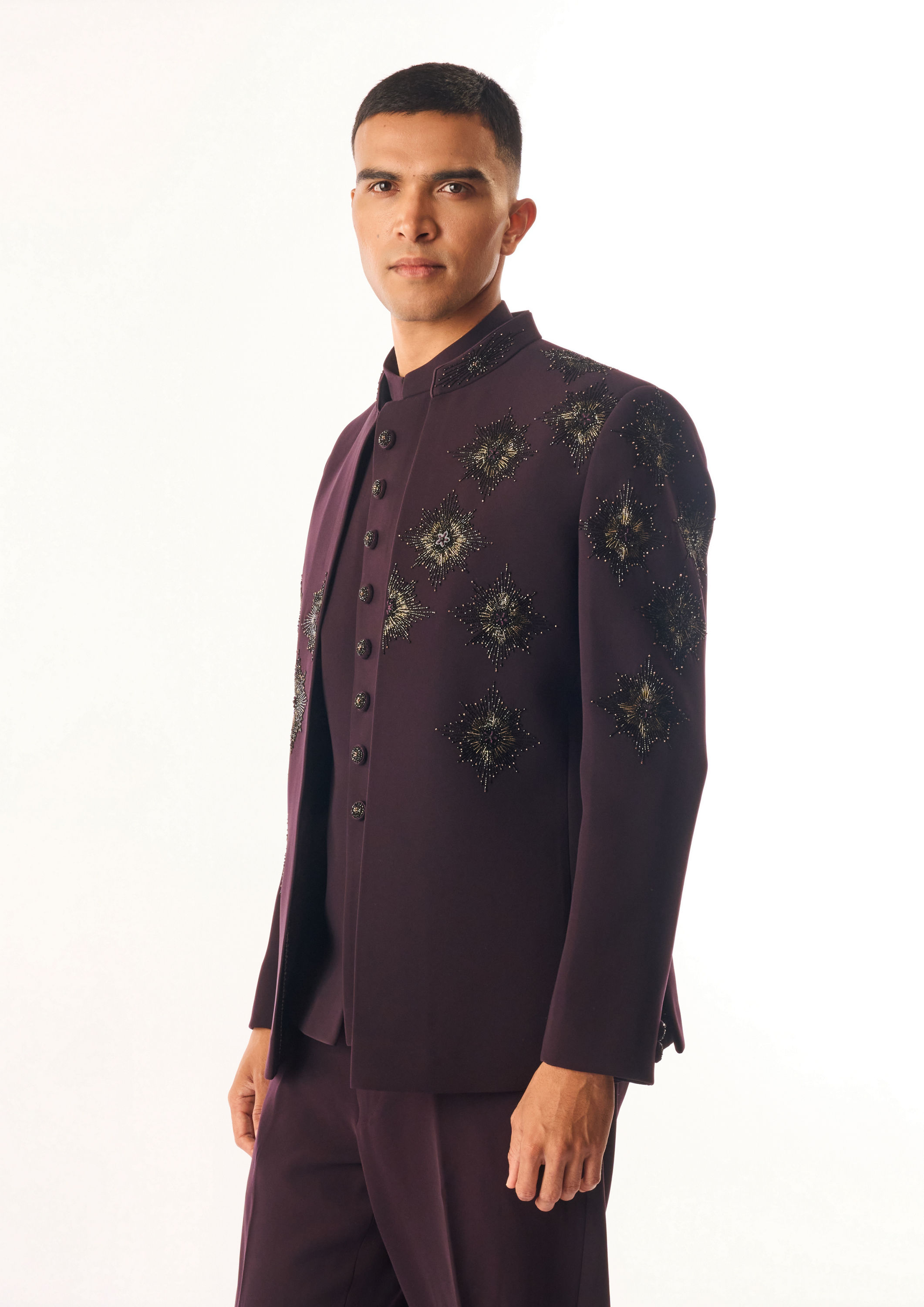 Twamev Men Wine Rayon Jodhpuri Set with Embroidery