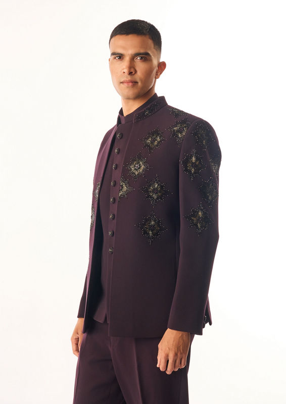 Twamev Men Wine Rayon Jodhpuri Set with Embroidery