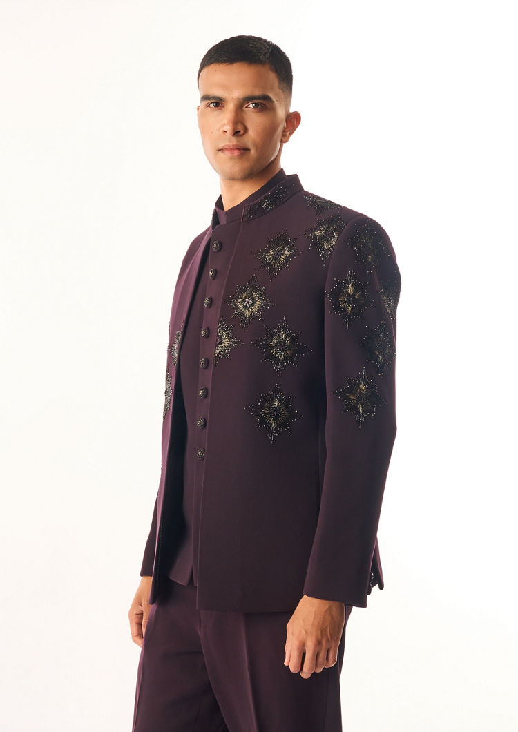 Twamev Men Wine Rayon Jodhpuri Set with Embroidery