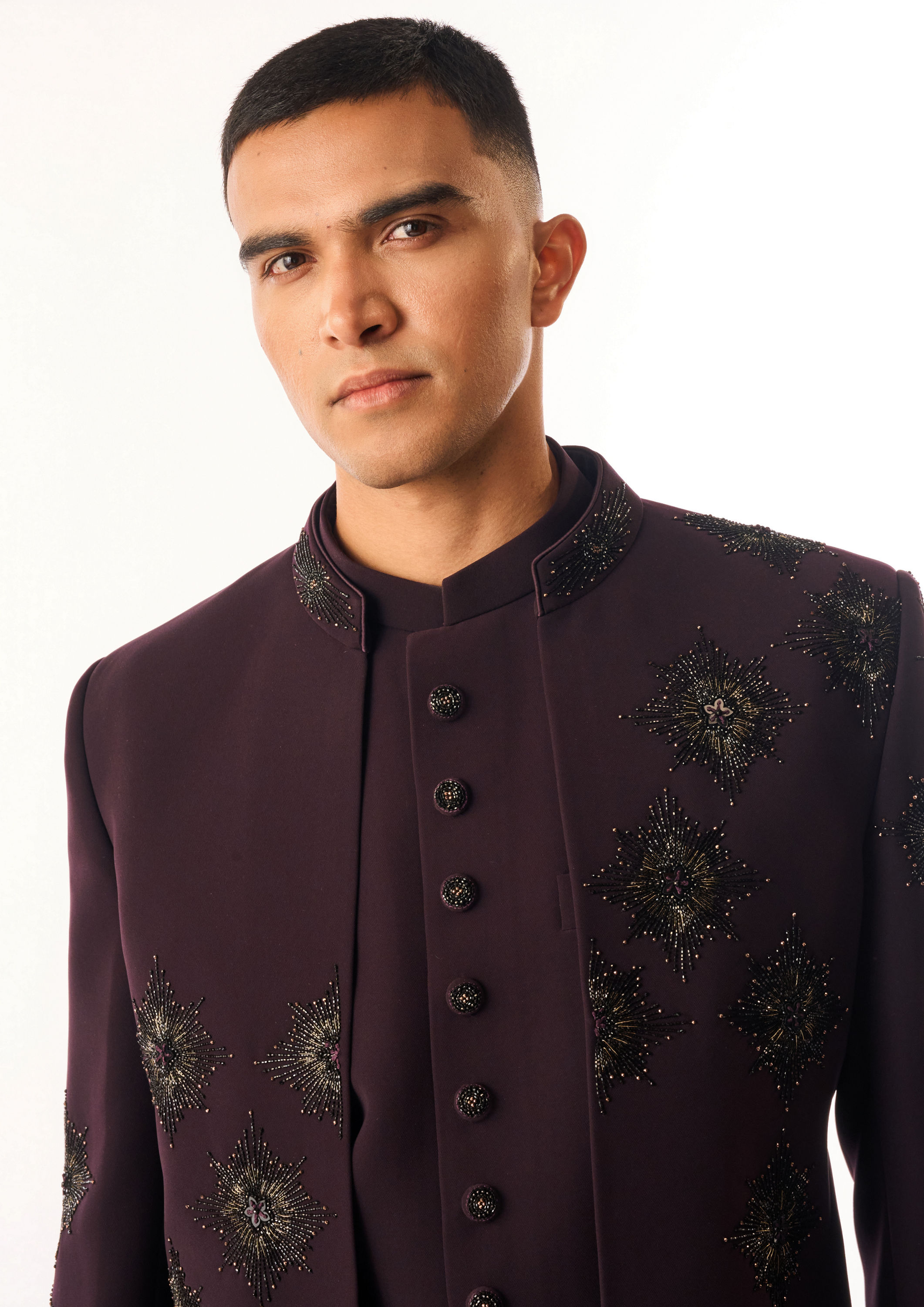 Twamev Men Wine Rayon Jodhpuri Set with Embroidery