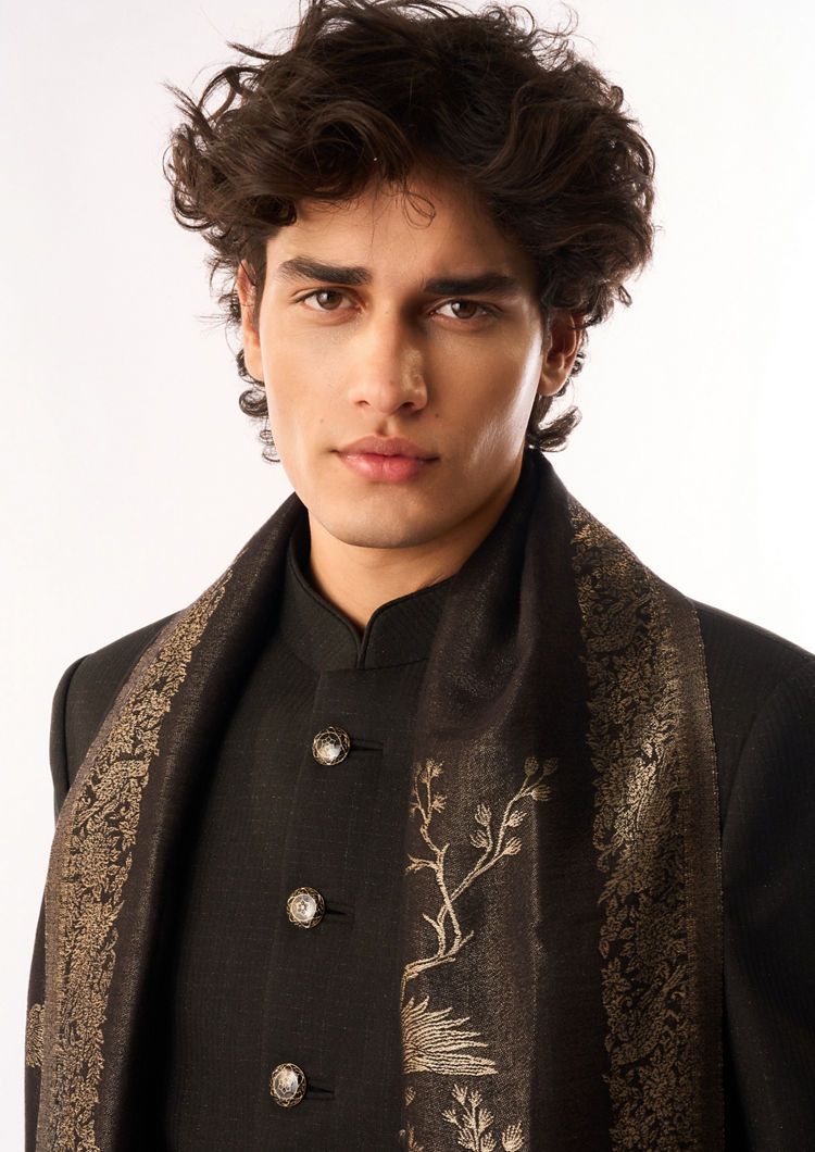 Twamev Men Black Rayon Jodhpuri Set with Dupatta