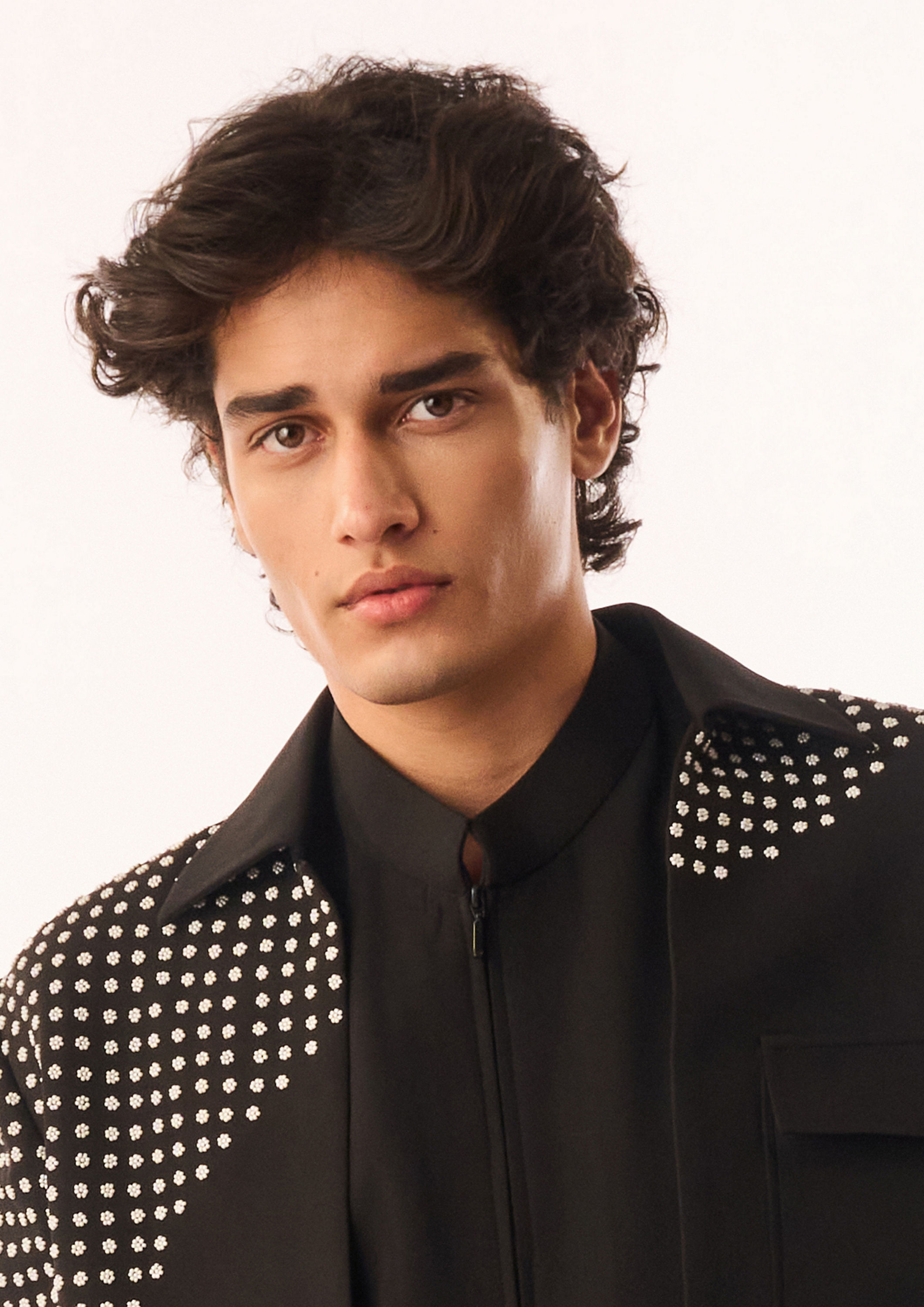 Twamev Men Black Crepe Bomber Jacket with Embellishments