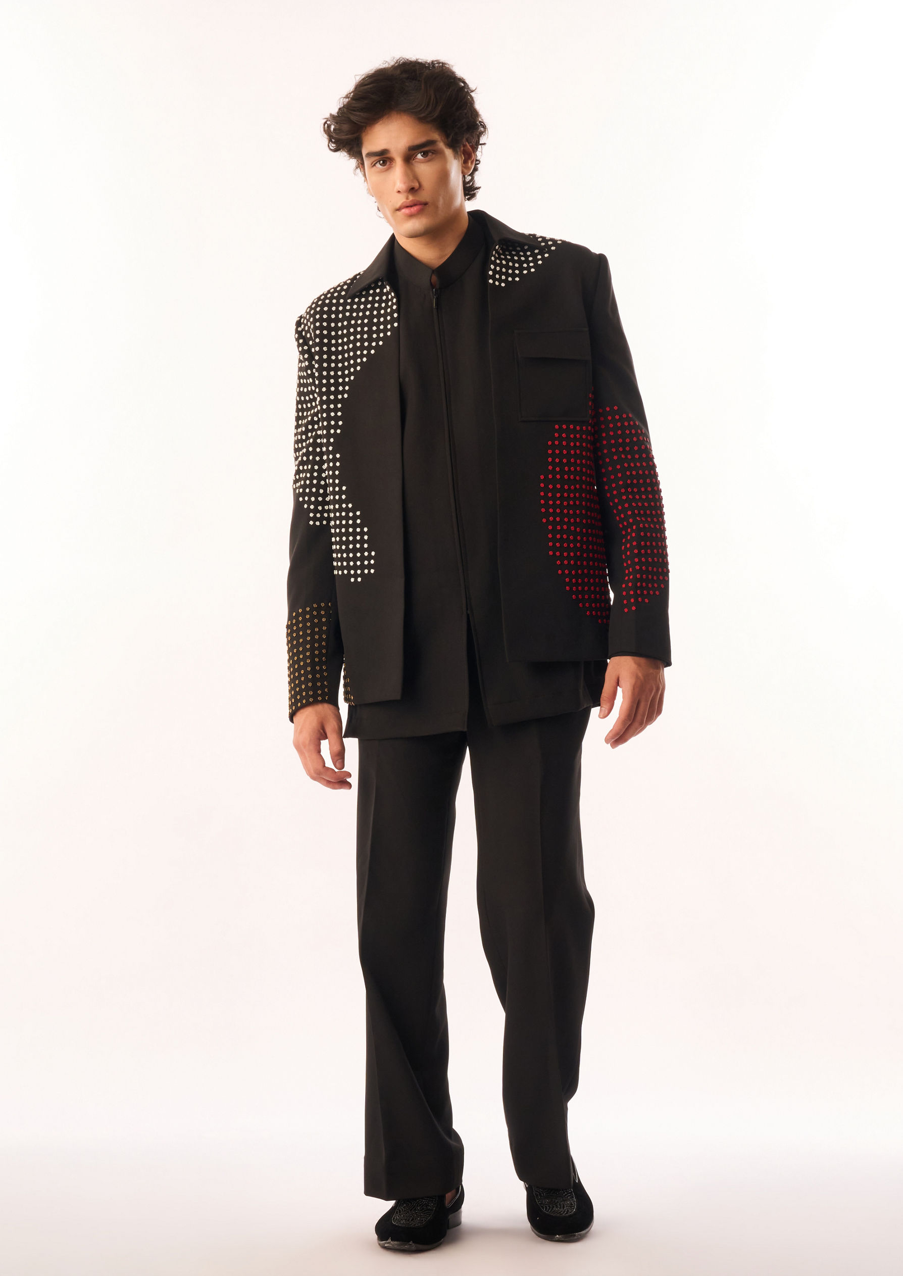 Twamev Men Black Crepe Bomber Jacket with Embellishments