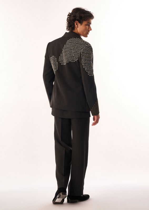 Twamev Men Black Crepe Bomber Jacket with Embellishments
