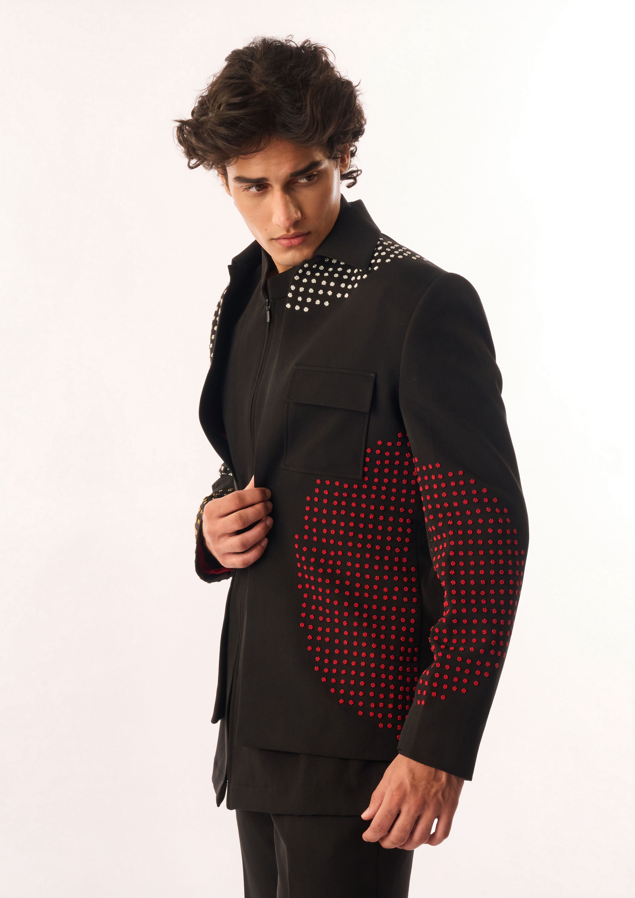 Twamev Men Black Crepe Bomber Jacket with Embellishments
