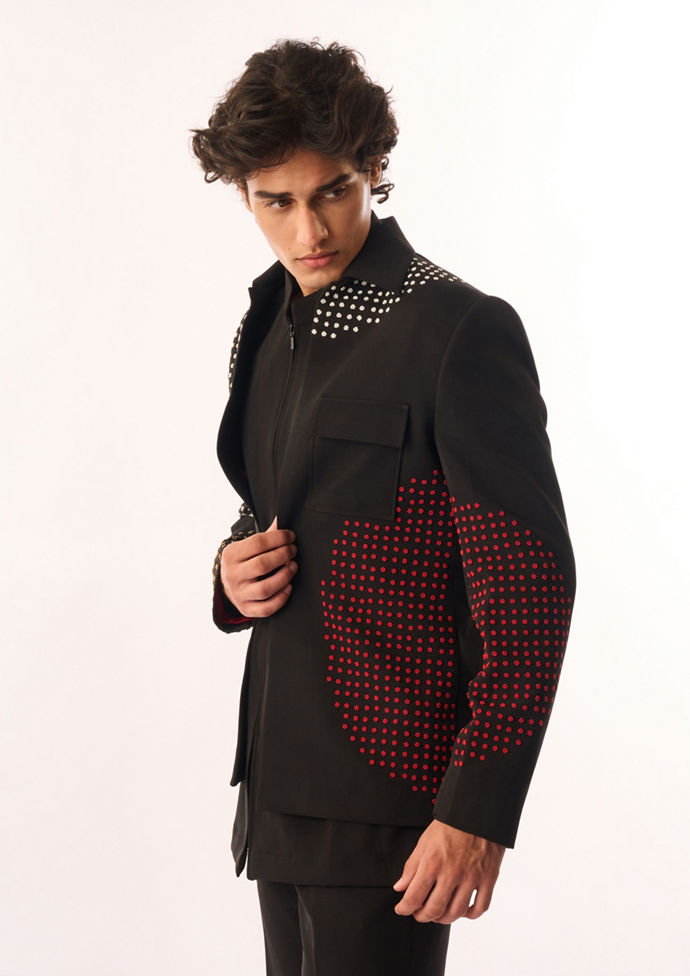 Twamev Men Black Crepe Bomber Jacket with Embellishments